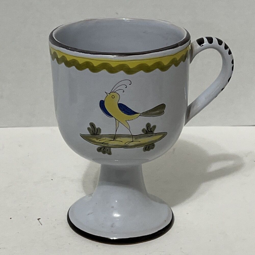 Stunning Vintage Italian Pottery Painted Bird Goblet With Handle Pedastal Mug